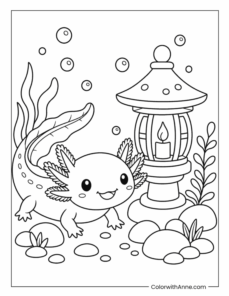 Axolotl Discovering an Underwater Lantern Coloring Page