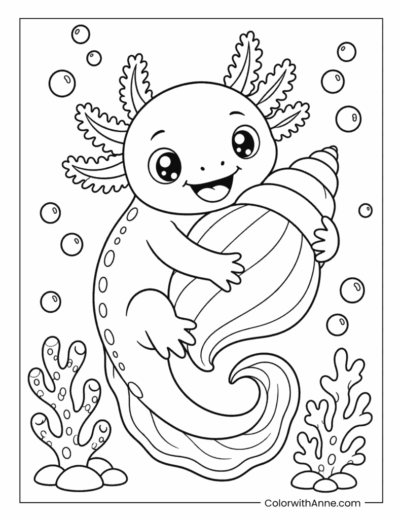 Axolotl Hugging a Big Seashell Coloring Page
