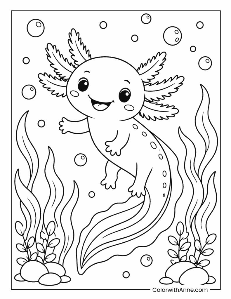 Axolotl Waving in the Current Coloring Page