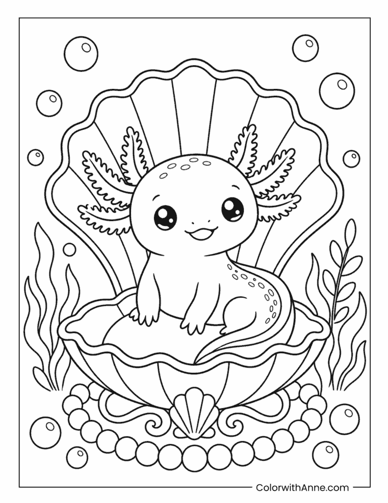 Axolotl in a Giant Clam Shell Coloring Page