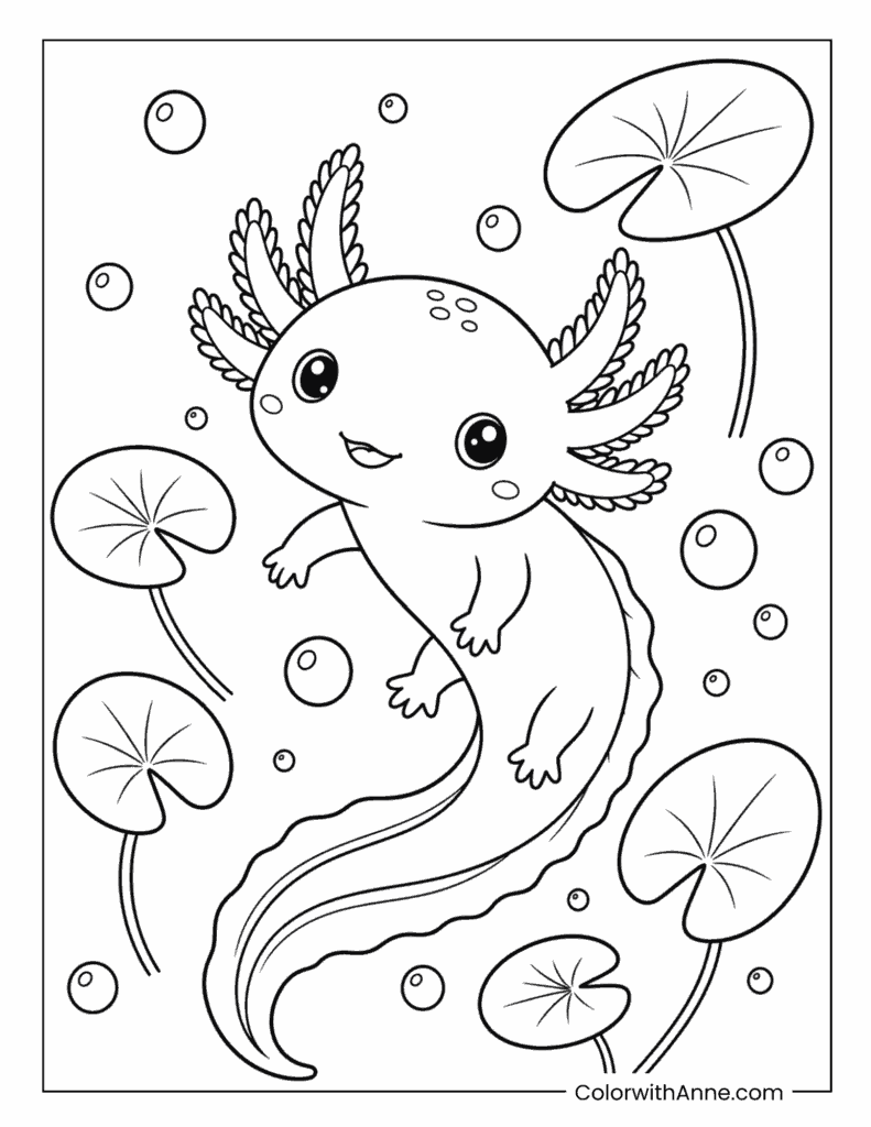 Axolotl with Lily Pads Coloring Page