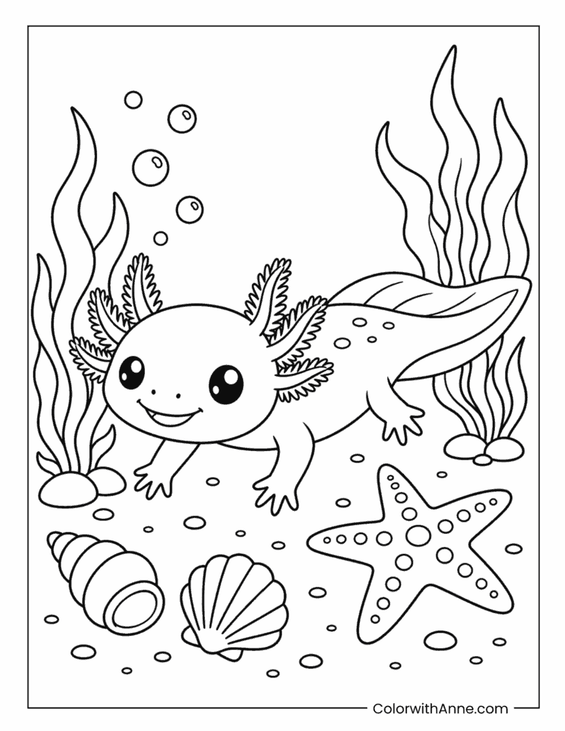 Axolotl with Seashells and Starfish Coloring Page