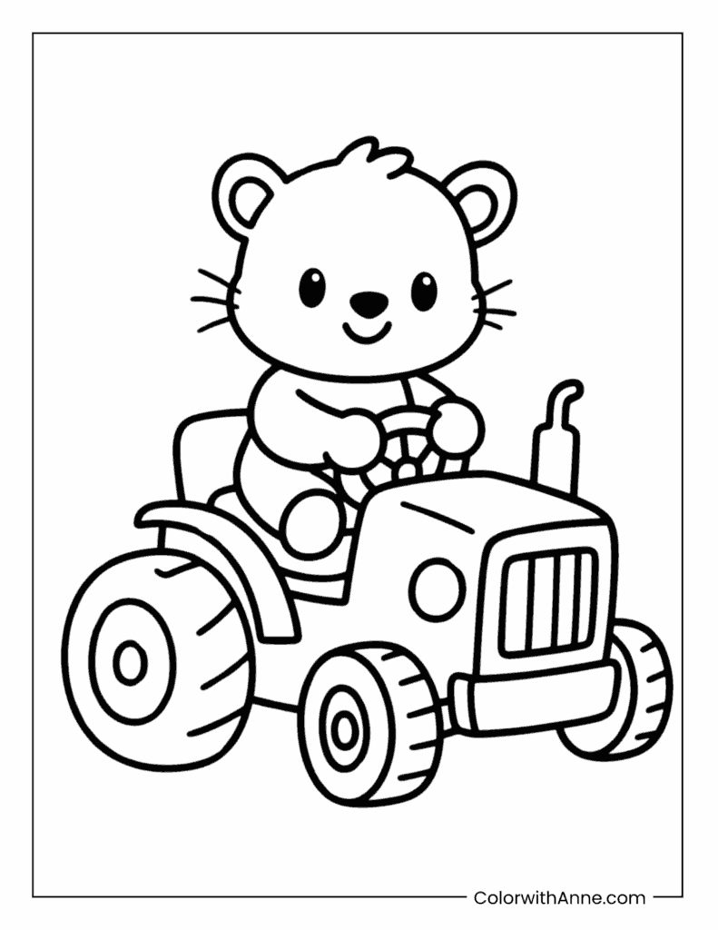 Baby Bear Riding on a Mini Tractor Coloring Page