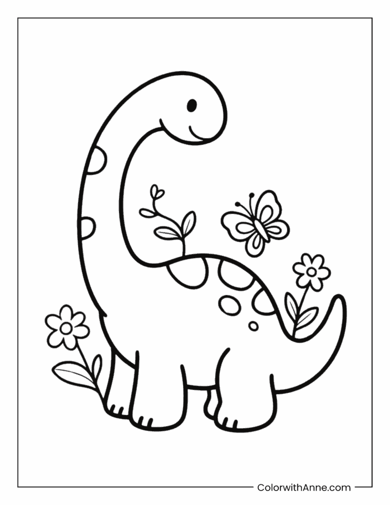 Baby Brachiosaurus with Flowers and Butterflies Coloring Page