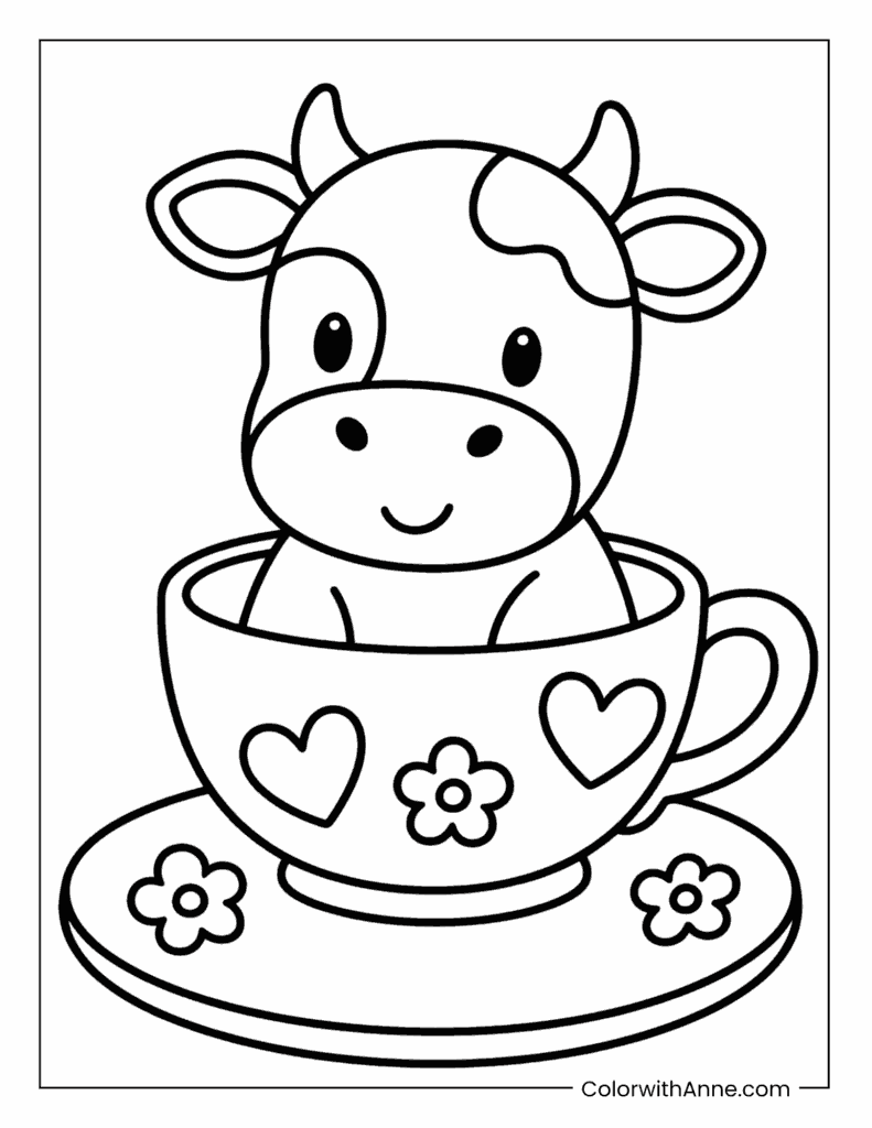 Baby Cow in a Teacup Coloring Page