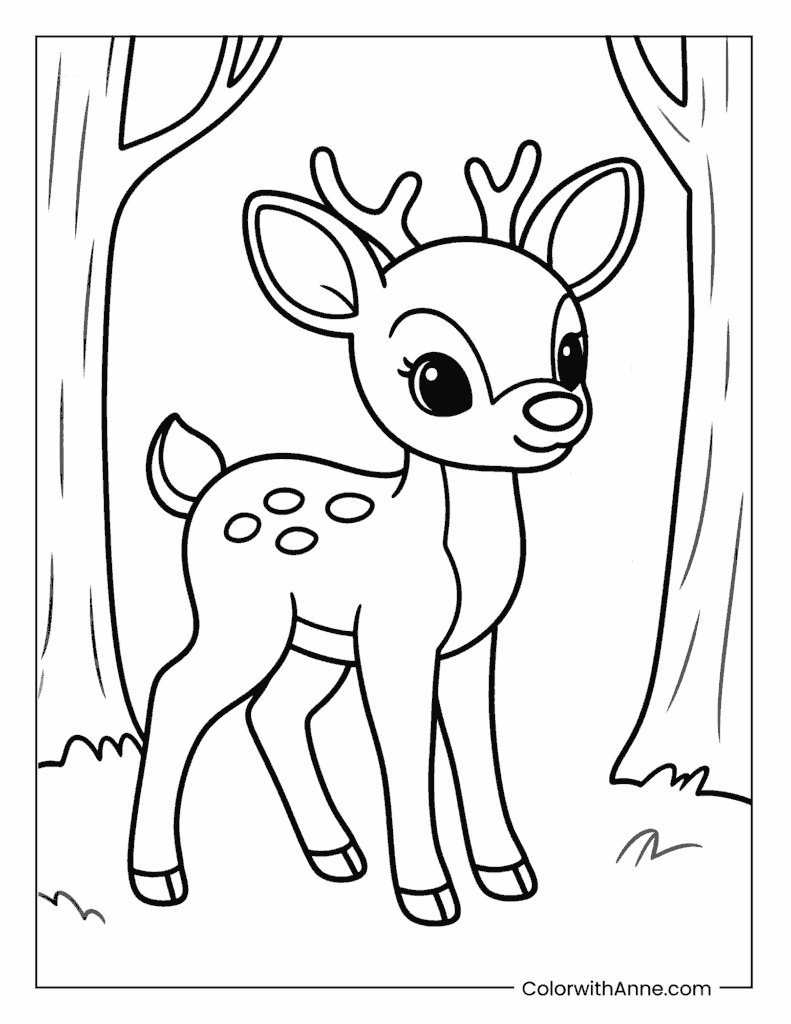 Baby Deer in a Forest Spring Coloring Page