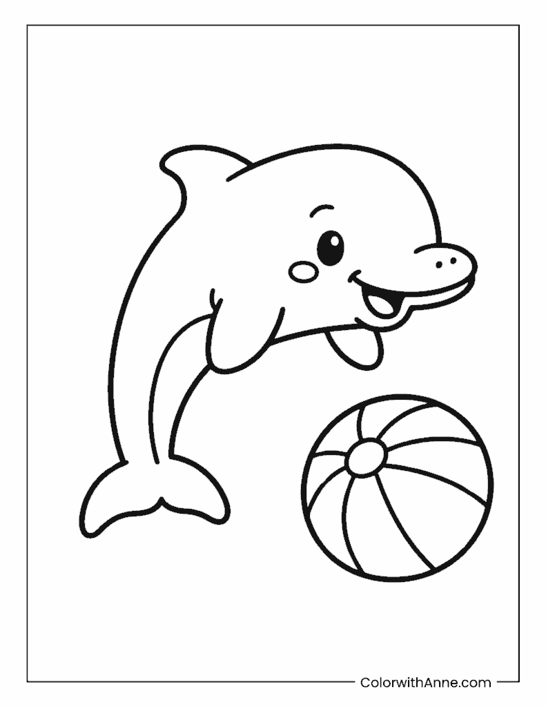 Baby Dolphin Playing with a Beach Ball Coloring Page