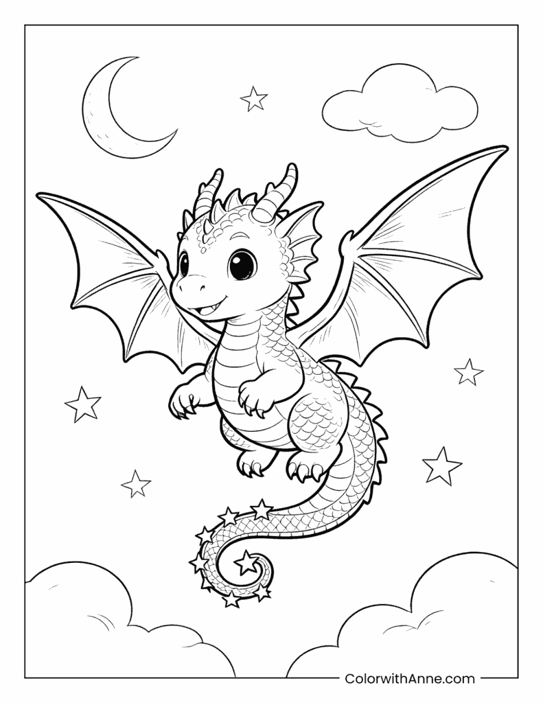 Baby Dragon Flying with Stars and Clouds Coloring Page
