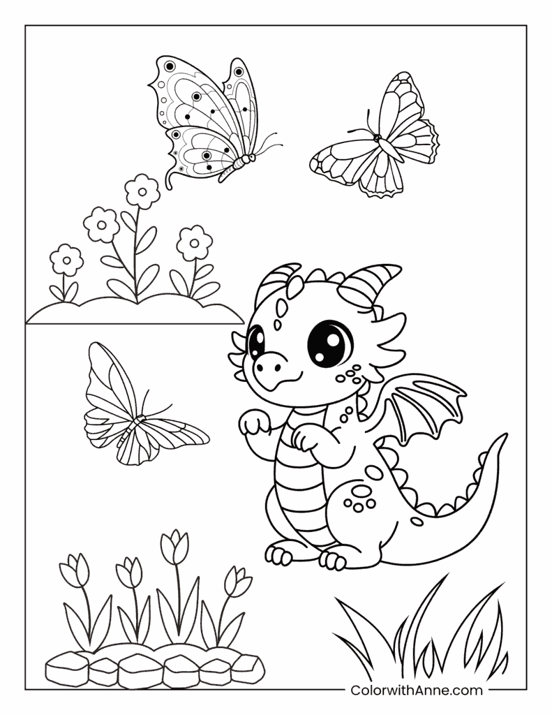 Baby Dragon Playing with Butterflies Coloring Page