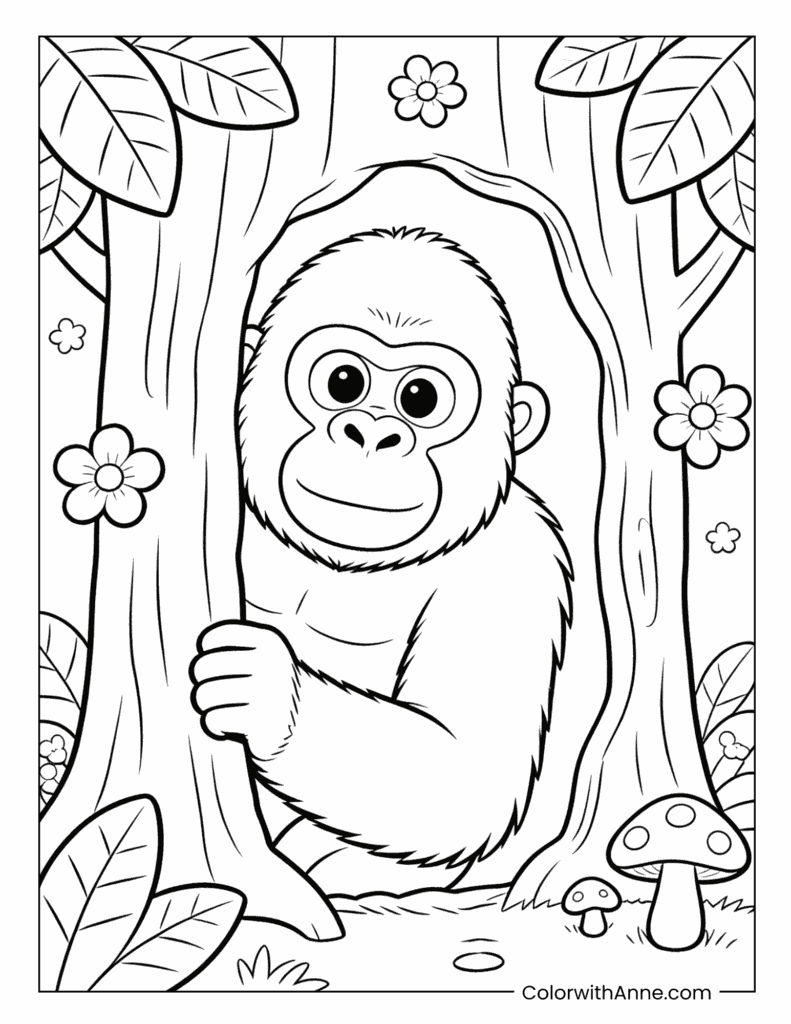Baby Gorilla Peeking Between Trees Coloring Page