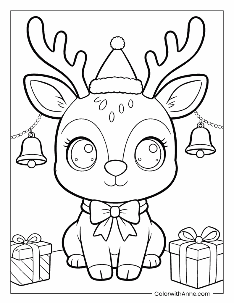 Baby Reindeer with Santa Hat and Presents Coloring Page