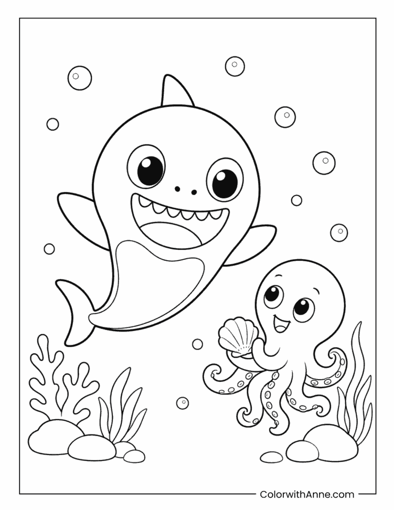 Baby Shark And Octopus Underwater Coloring Page