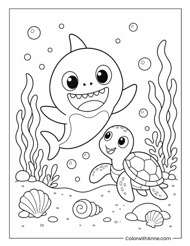 Baby Shark And Sea Turtle Underwater Coloring Page