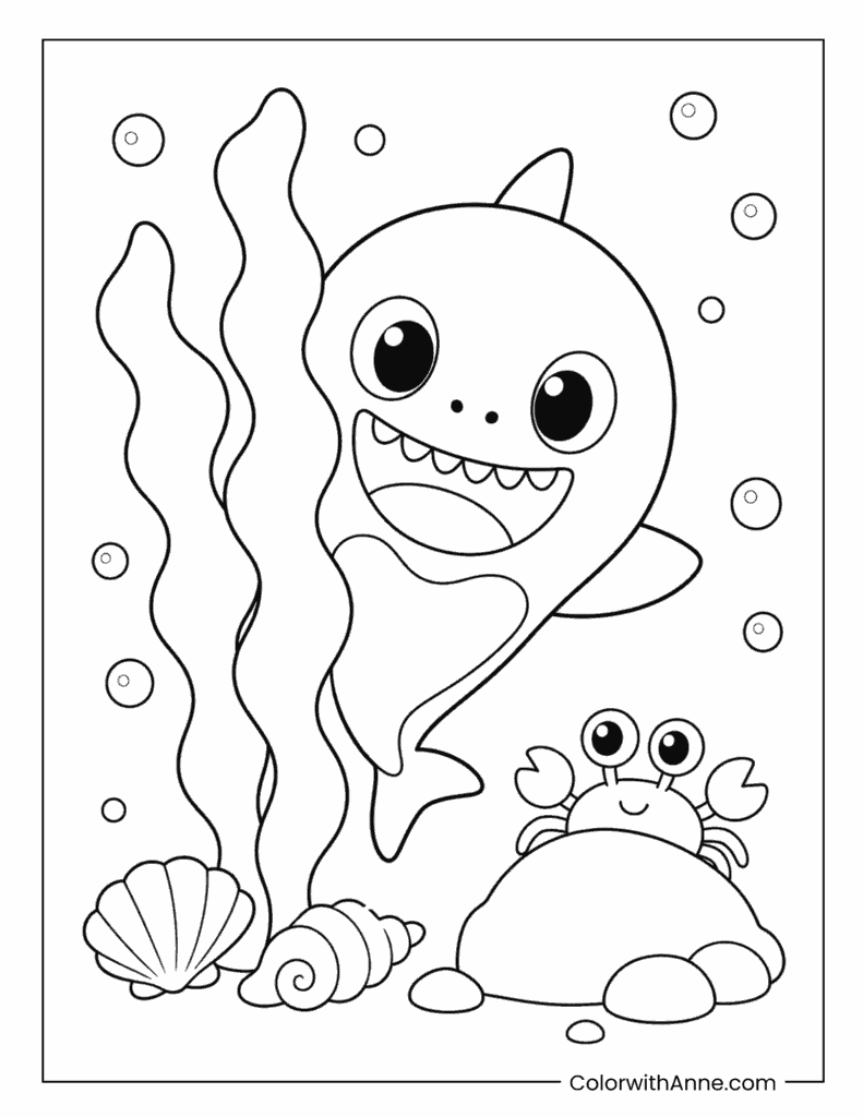 Baby Shark Beside Crab And Kelp Coloring Page