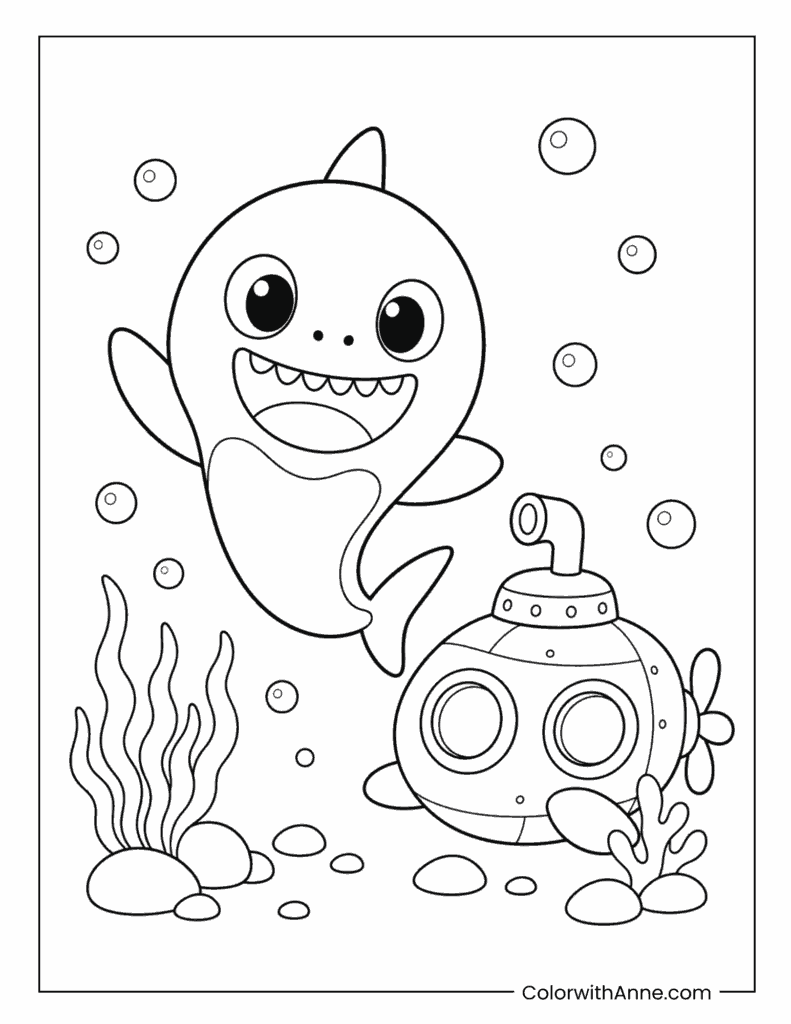 Baby Shark Beside Submarine Coloring Page