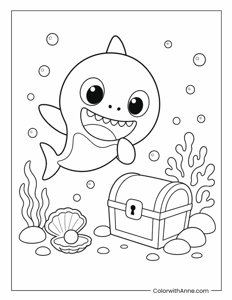 Baby Shark Beside Treasure Chest Coloring Page