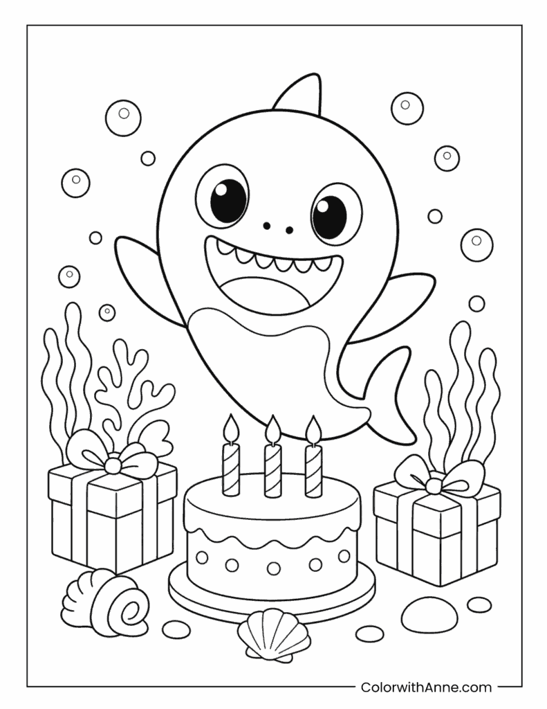 Baby Shark Birthday Cake Coloring Page