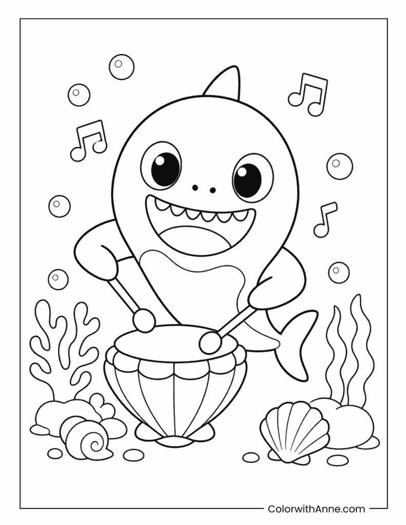 Baby Shark Playing Drum Coloring Page