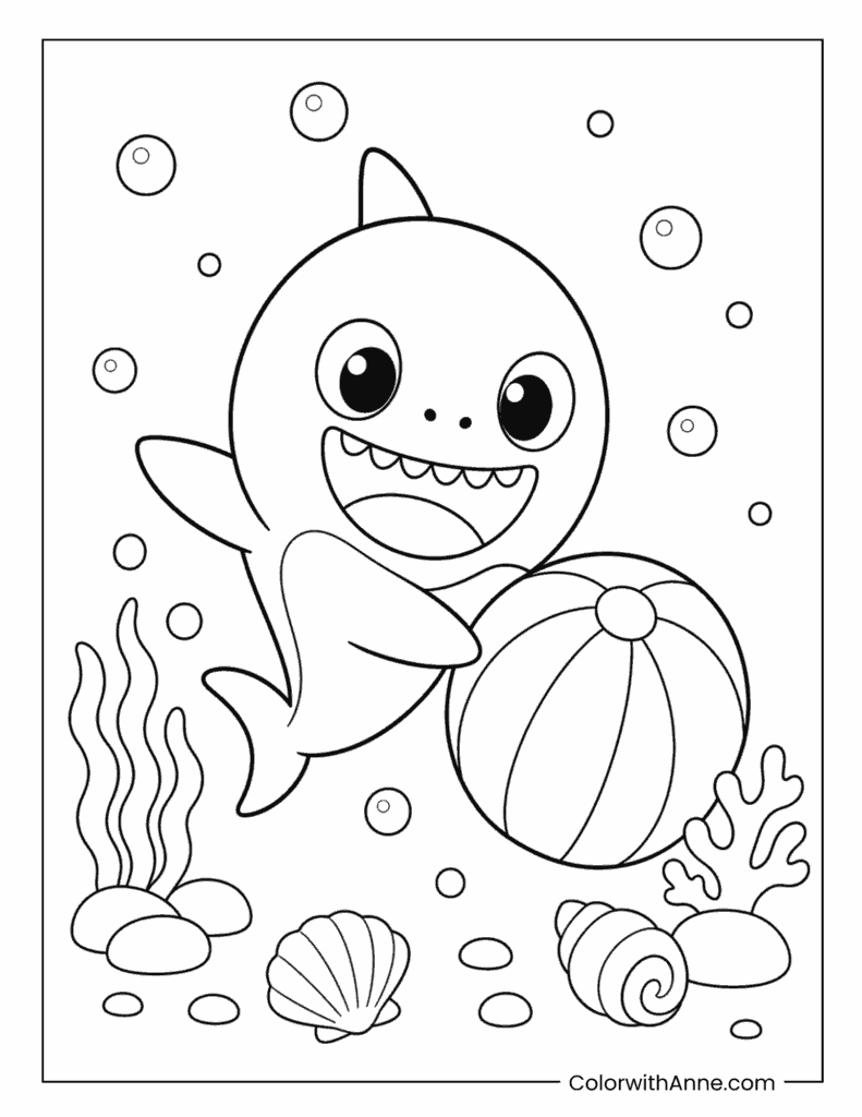 Baby Shark Playing With Beach Ball Coloring Page