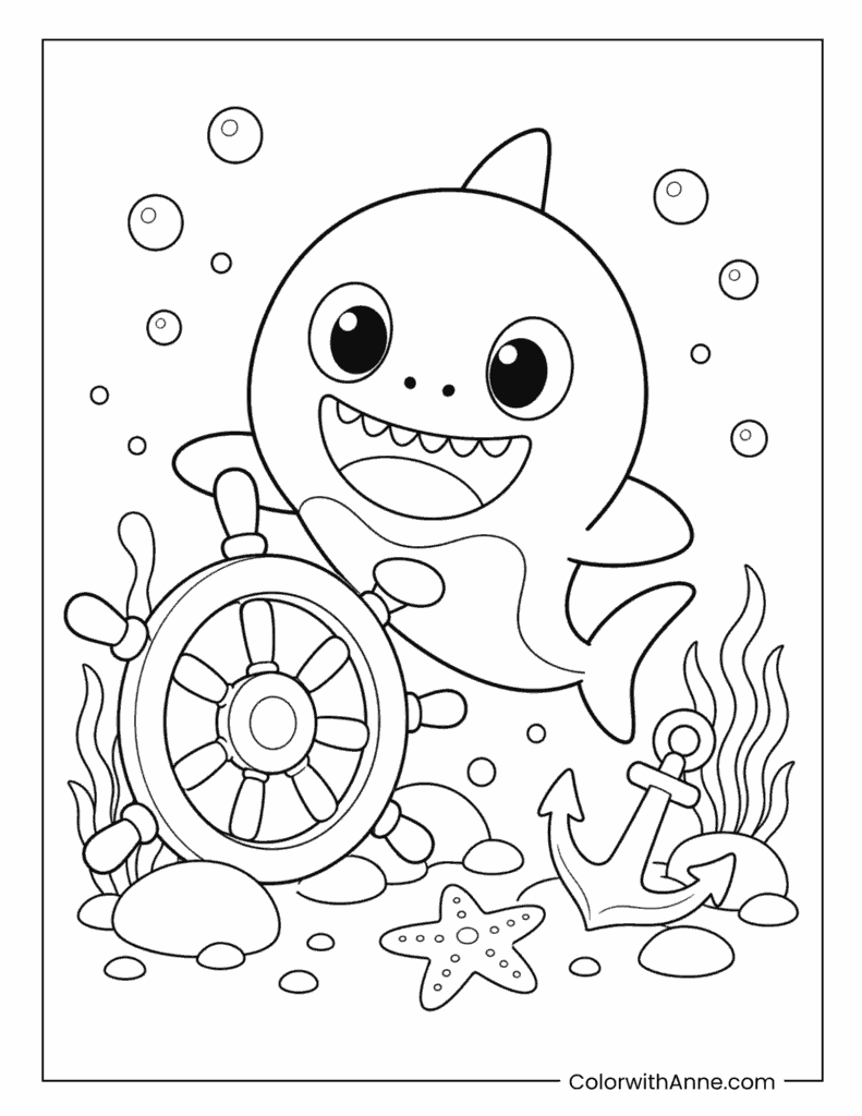 Baby Shark Steering Ship Wheel Coloring Page