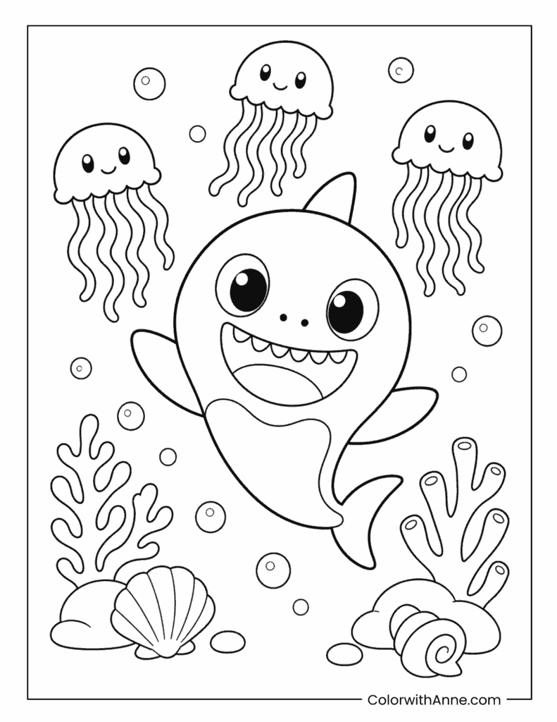 Baby Shark Surrounded By Jellyfish Coloring Page