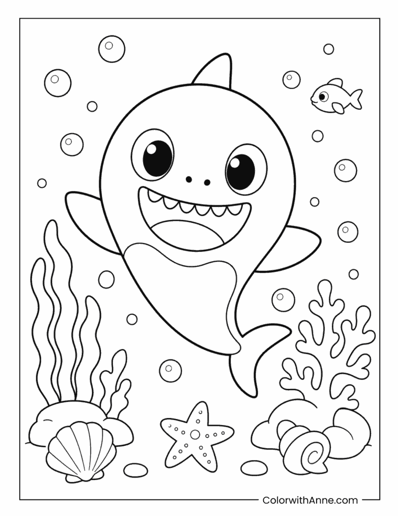 Baby Shark Underwater Shells Coloring Page