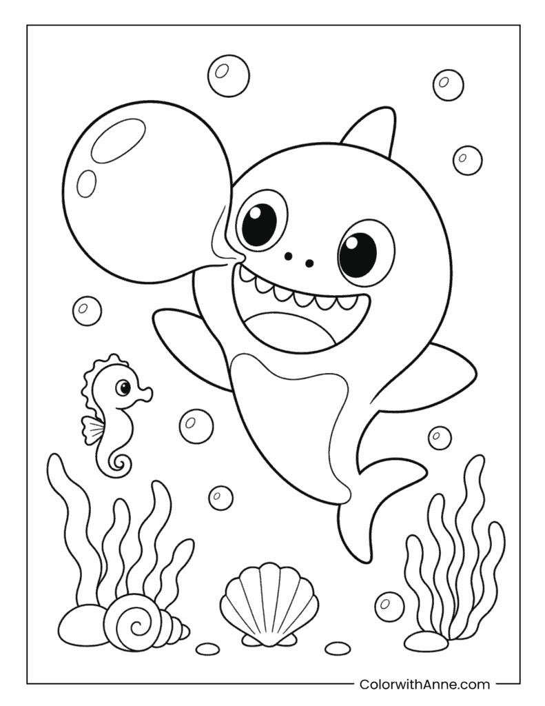 Baby Shark With Balloon And Seahorse Coloring Page