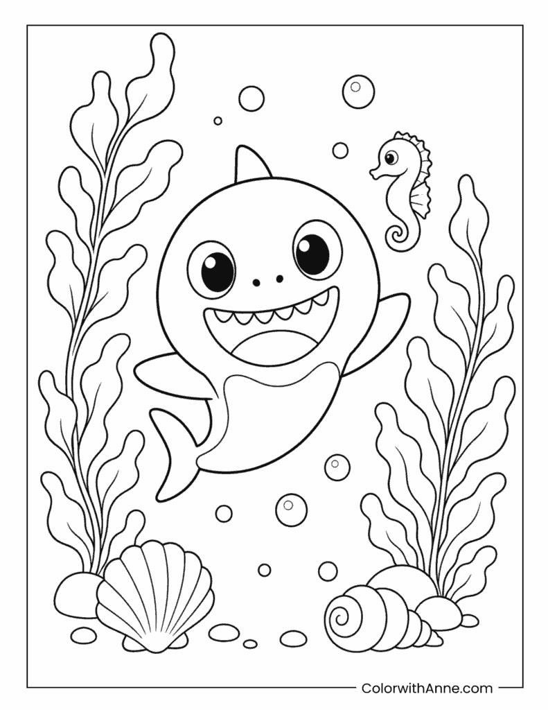 Baby Shark With Seahorse Coloring Page