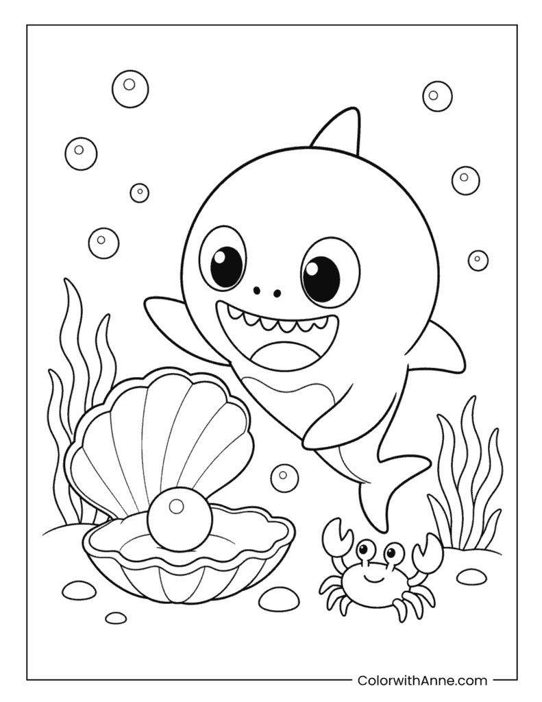 Baby Shark With Seashell And Crab Coloring Page