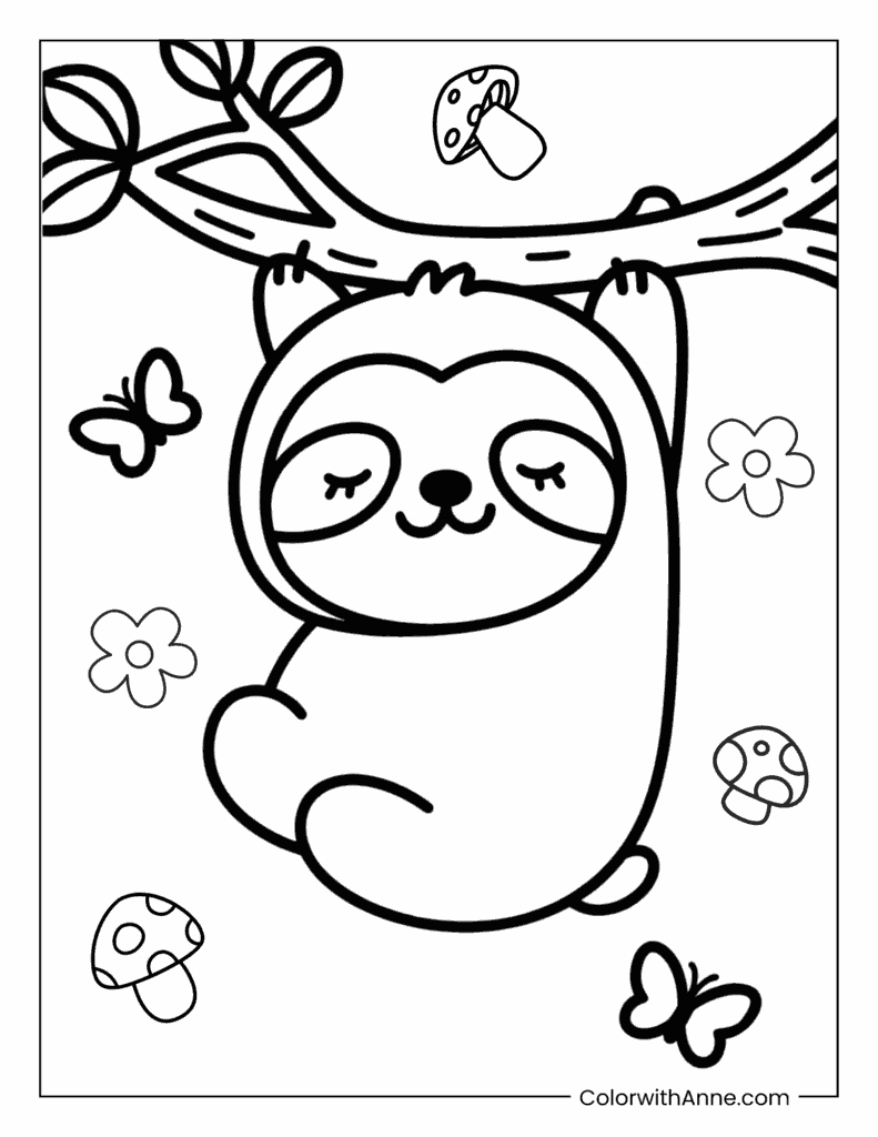 Baby Sloth Hanging From a Branch Coloring Page