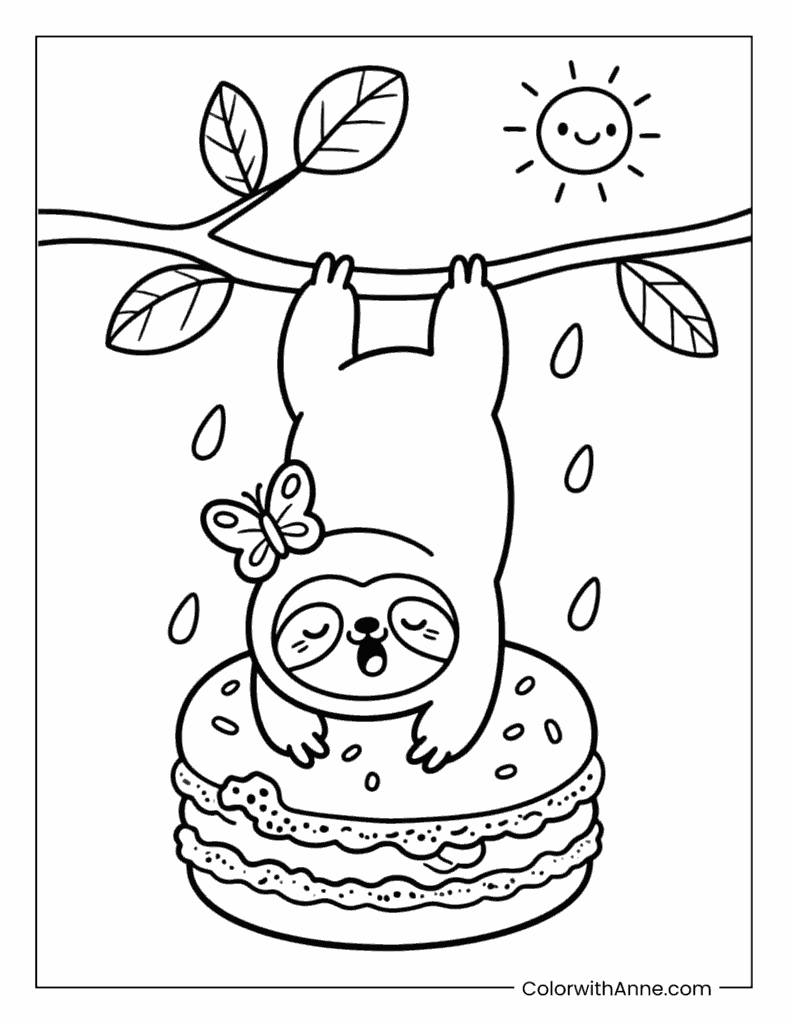 Baby Sloth Hanging Upside-Down From a Giant Macaron Coloring Page