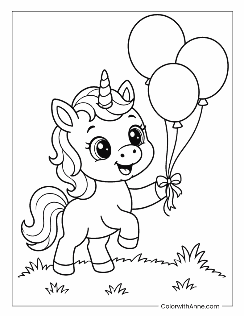 Baby Unicorn Holding Balloons Coloring Page