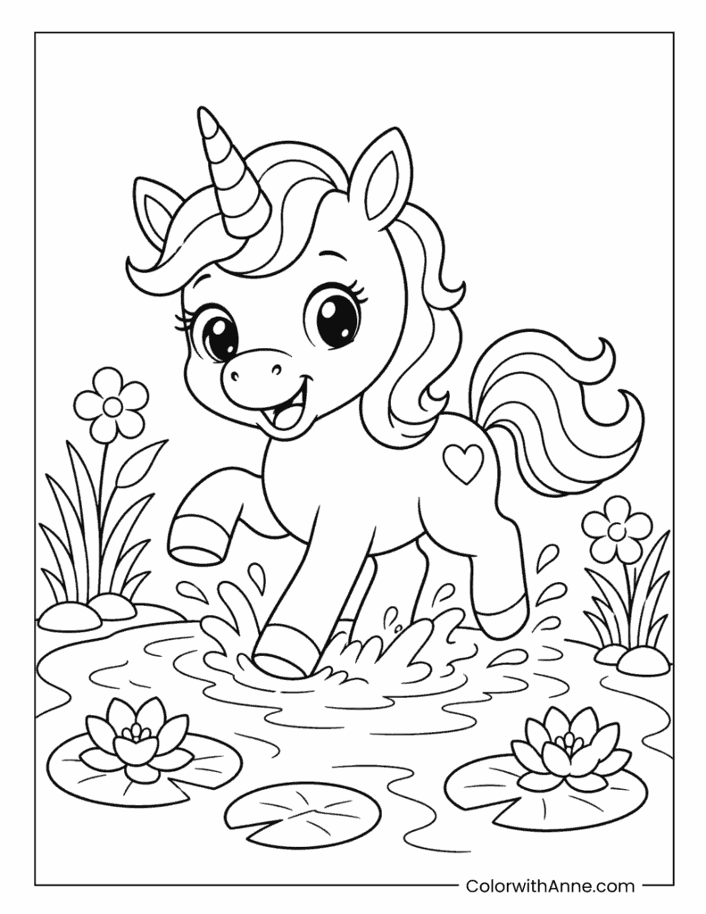 Baby Unicorn Splashing in a Fairy Pond Coloring Page