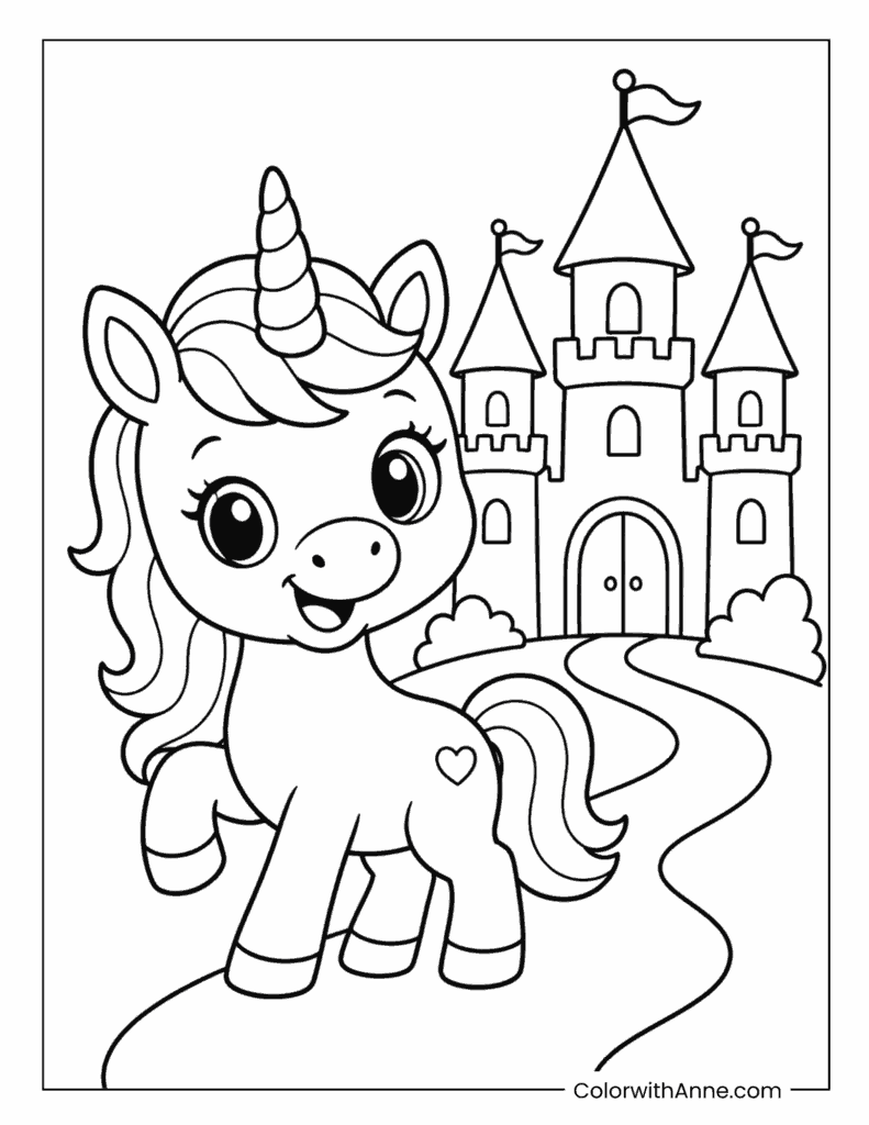 Baby Unicorn Standing Before a Magic Castle Coloring Page for Kids