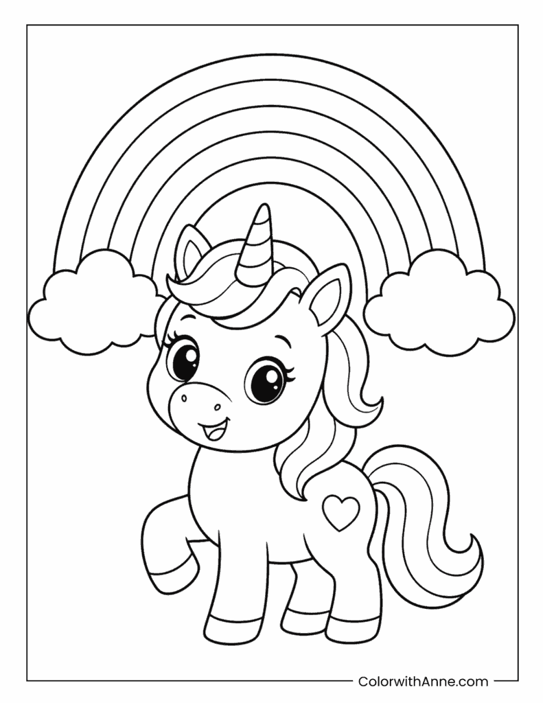 Baby Unicorn Under a Rainbow Coloring Page