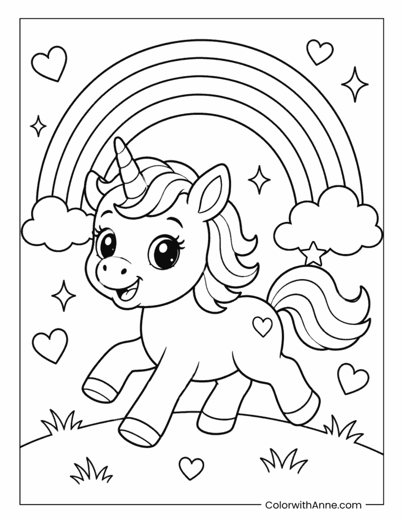 Baby Unicorn Walking Under a Rainbow Coloring Page