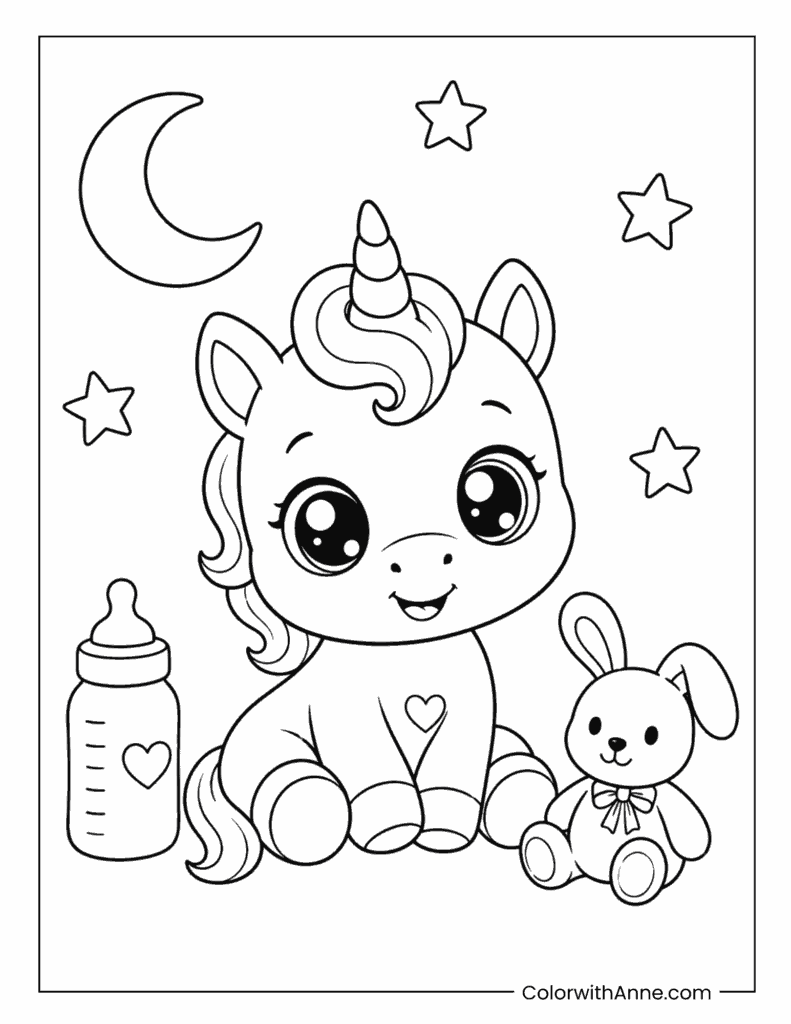 Baby Unicorn With Bottle And Bunny Coloring Page