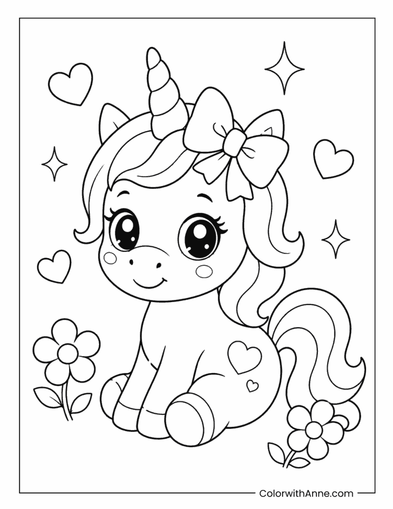 Baby Unicorn With Hearts Coloring Page