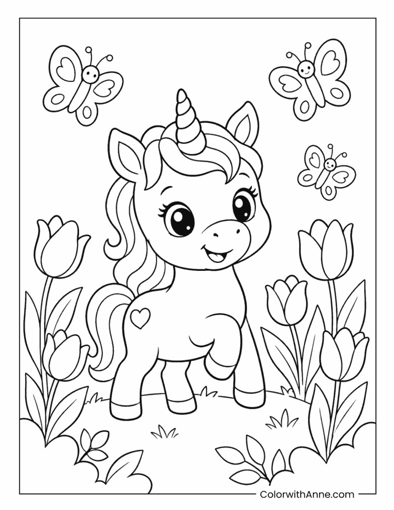 Baby Unicorn in a Butterfly Garden Coloring Page