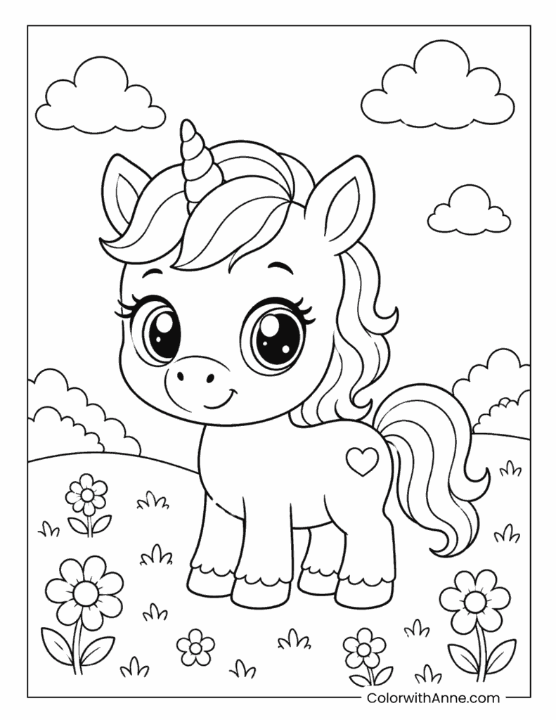 Baby Unicorn in a Spring Meadow Coloring Page