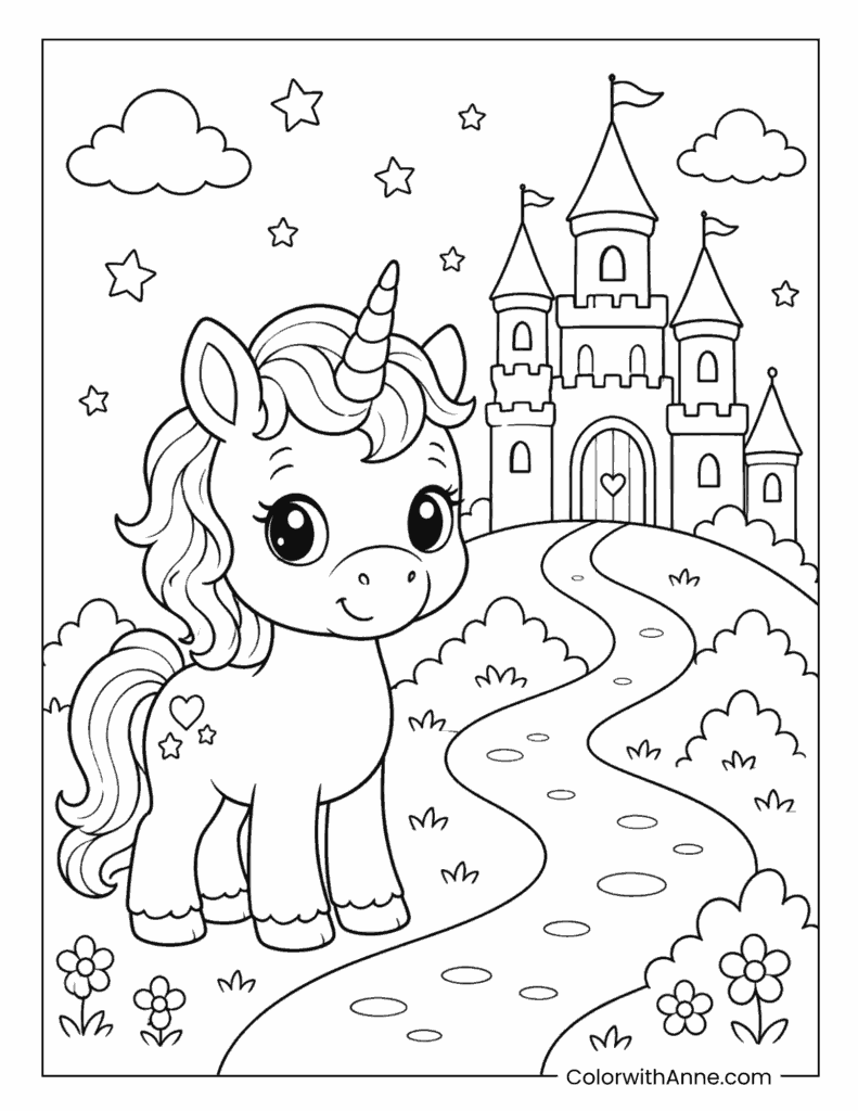 Baby Unicorn on a Path to the Castle Coloring Page