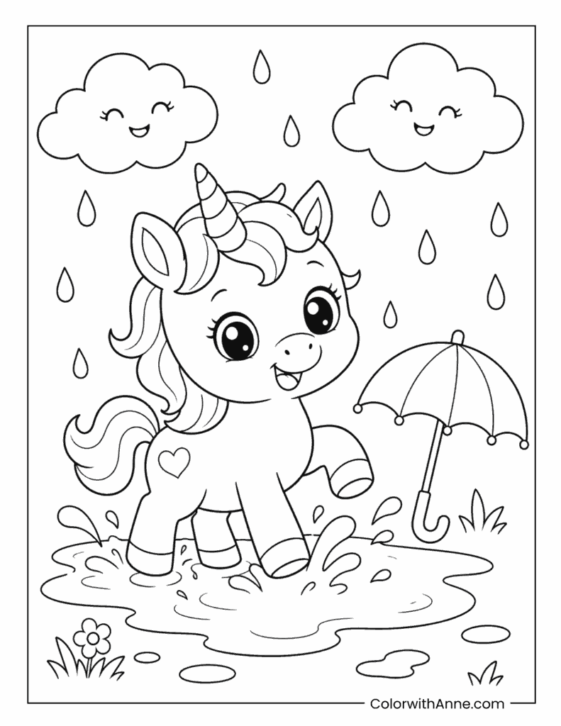Baby Unicorn with Umbrella in the Rain Coloring Page