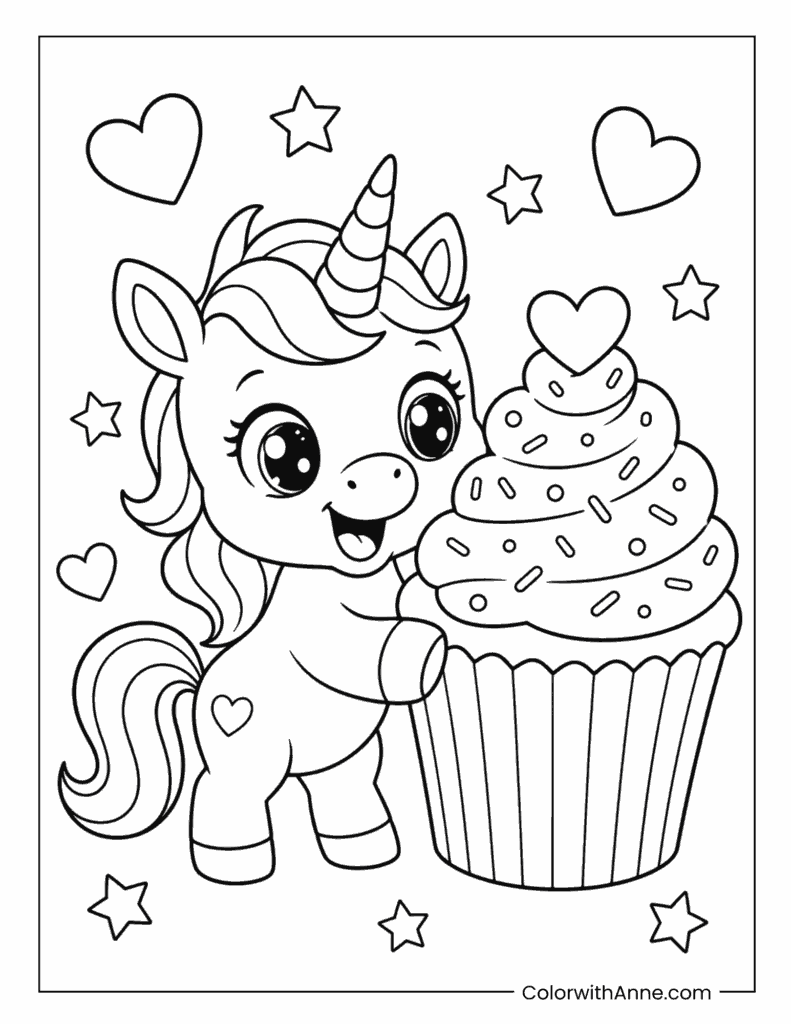 Baby Unicorn with a Giant Cupcake Coloring Page