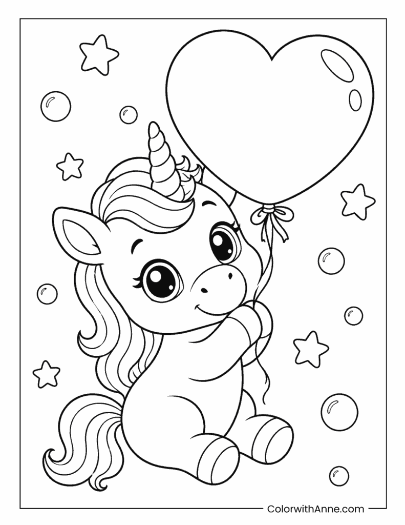 Baby Unicorn with a Heart-Shaped Balloon Coloring Page for Kids