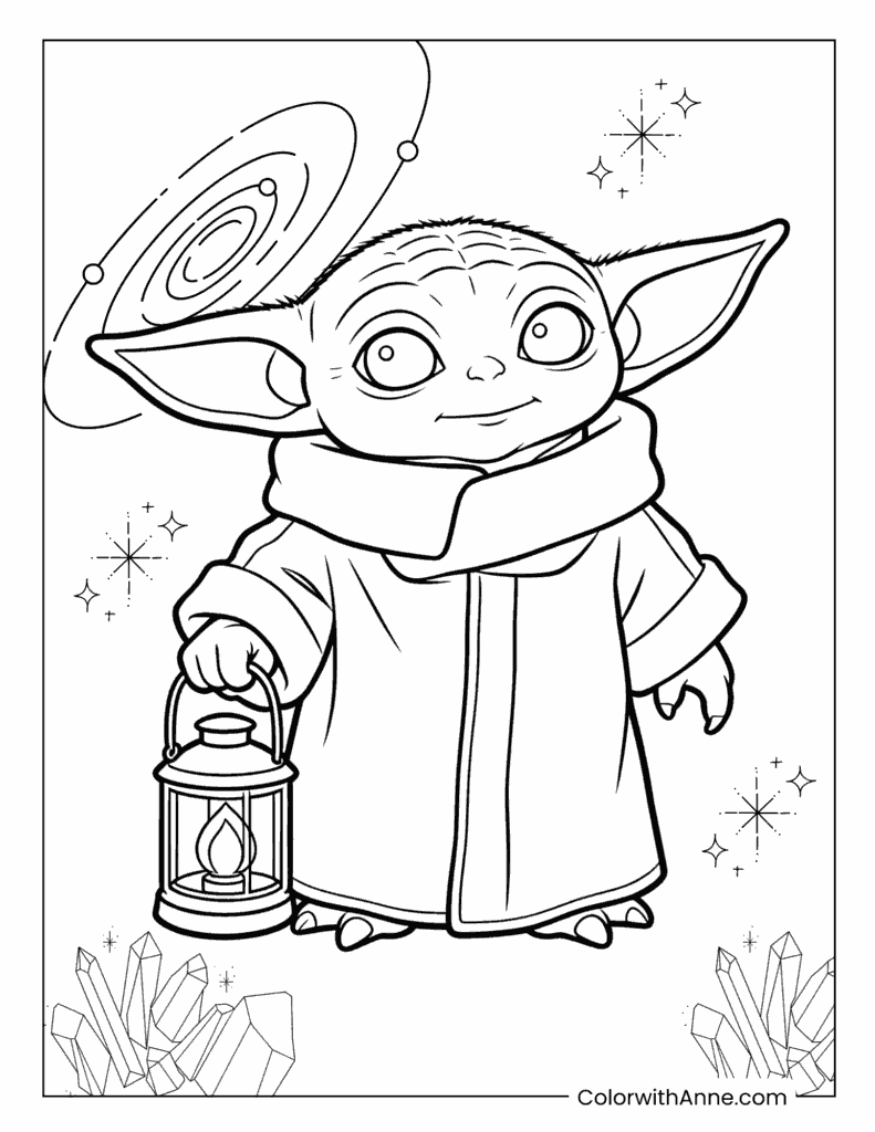 Baby Yoda Holding a Lantern with Spiral Galaxy Coloring Page
