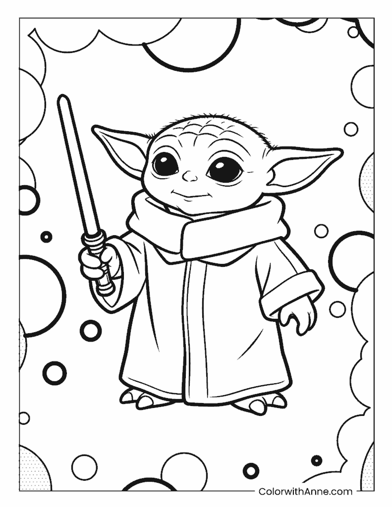 Baby Yoda Holding a Lightsaber Coloring Page