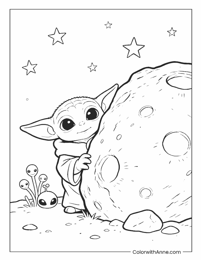 Baby Yoda Peeking from Behind a Rock Coloring Page