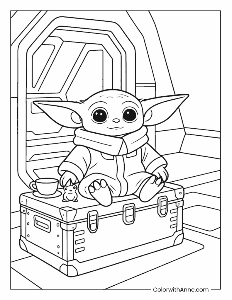 Baby Yoda Sitting On A Storage Trunk Coloring Page