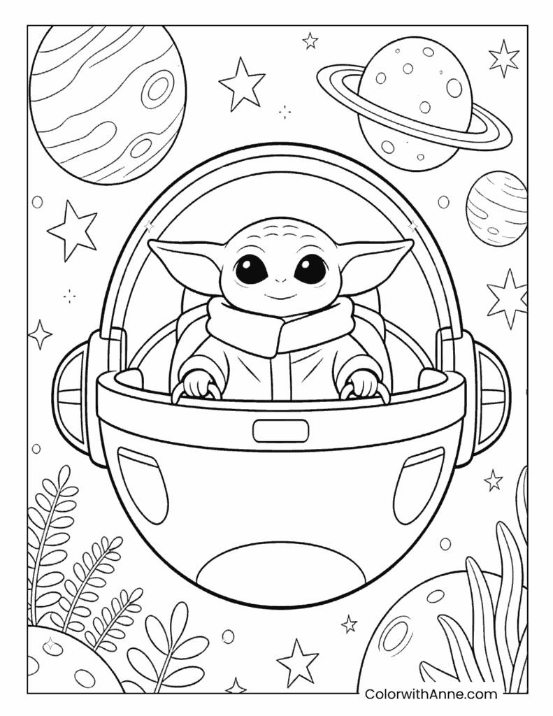 Baby Yoda in a Cockpit with Planets Coloring Page