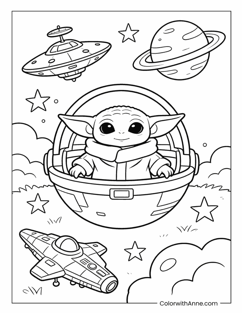 Baby Yoda in a Spaceship Coloring Page